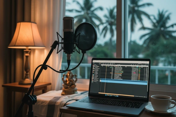Home recording studio with microphone and Malayalam script on monitor