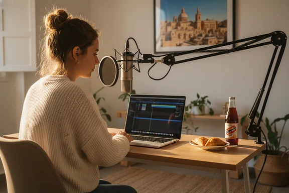Young Maltese creator in a home studio with a view of Valletta limestone buildings