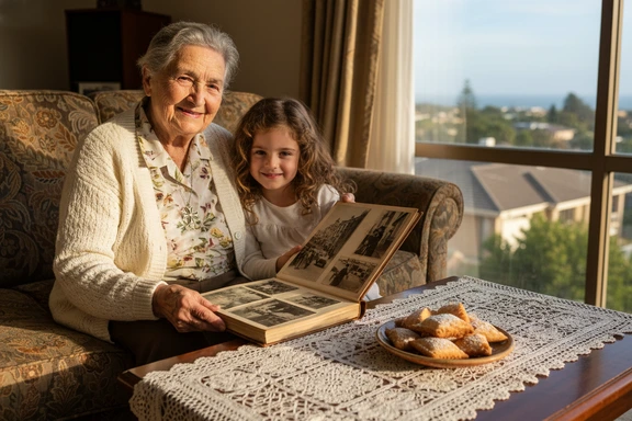 Elderly Maltese grandmother and grandchild looking at a family photo album in a warm home