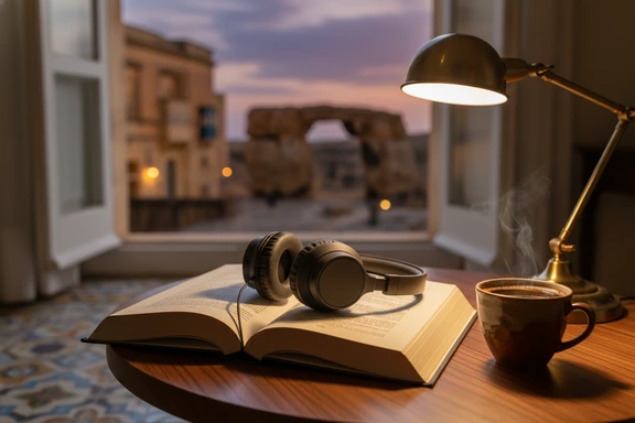 Open hardcover Maltese book with headphones and Mediterranean coffee on a wooden table