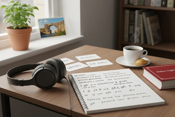 Language student practicing Maltese at a desk with flashcards and headphones