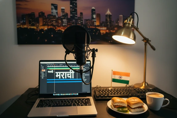 Home studio with Marathi script on monitor, Mumbai skyline poster and pop filter microphone
