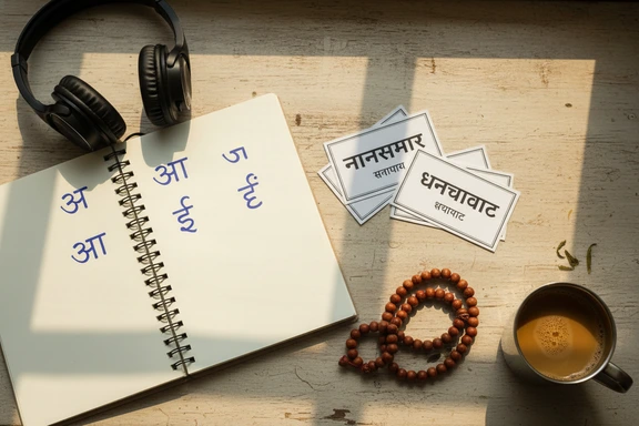 Study desk with Marathi Devanagari flashcards, headphones and a notebook