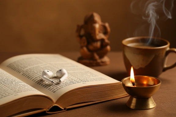 Open book with Marathi Devanagari text and wireless earbuds on a wooden table
