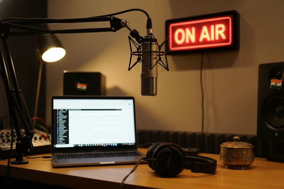 Community radio microphone with on-air sign and Marathi text on screen