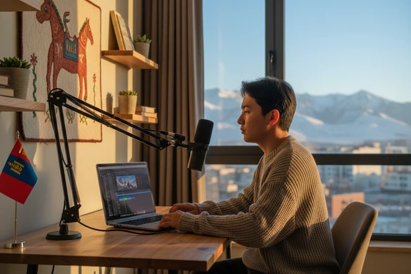 暖かいスタジオでモンゴル草原の旅行ブログを収録するコンテンツクリエイター