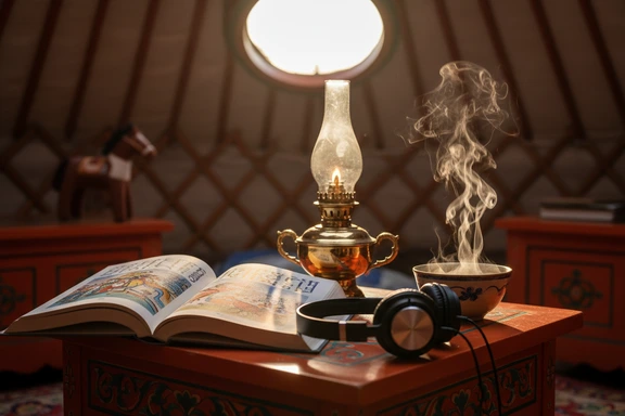 ゲルの中の伝統的な木卓に置かれたヘッドホンとモンゴル語の挿絵入り書籍