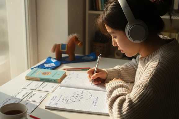 キリル文字のノートとヘッドホンを使ってモンゴル語の発音を練習する学習者