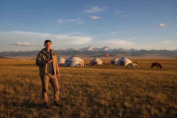 ウランバートル郊外の草原で白いゲルの近くに立ちスマホで音声ガイドを聴く観光客