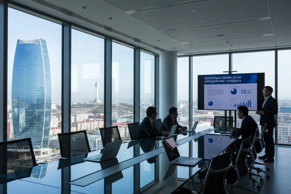 울란바토르 스카이라인이 보이는 현대적 회의실의 비즈니스 프레젠터
