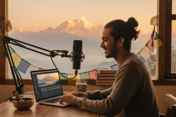 Content creator recording a voiceover in a home studio with Himalayan mountains visible in footage on screen