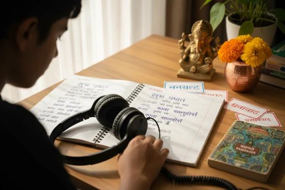 Language student practicing Nepali pronunciation with headphones and handwritten Devanagari notes