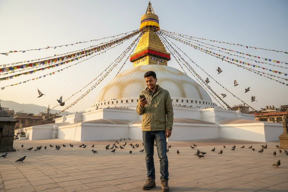 Trekker using a mobile audio guide in front of Boudhanath Stupa with prayer flags