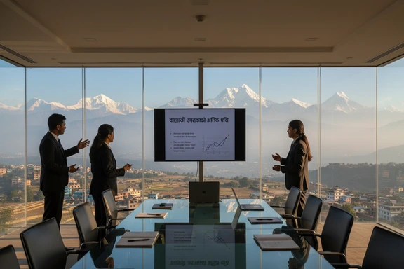 Business presenter in a modern Kathmandu meeting room with Himalayan view