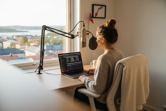 Norwegian creator in a minimal home studio with microphone recording a voiceover for a YouTube video