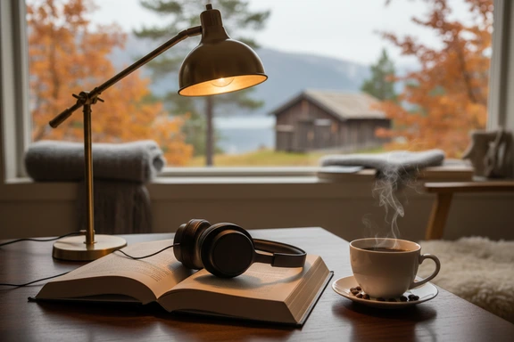 Open Norwegian novel with headphones on a wooden table in warm evening lamp light