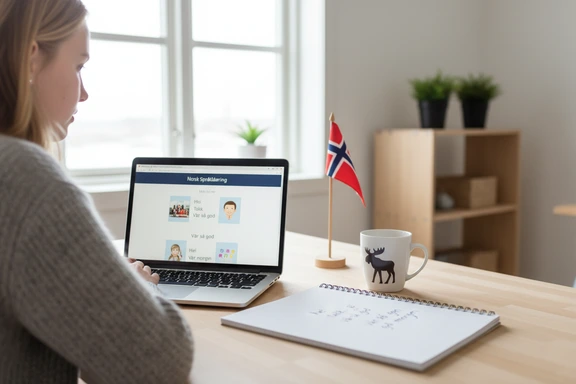 Student learning Norwegian with a laptop and notebook in a bright study room