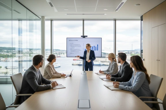 Norwegian business professional presenting slides in a modern Oslo office meeting room