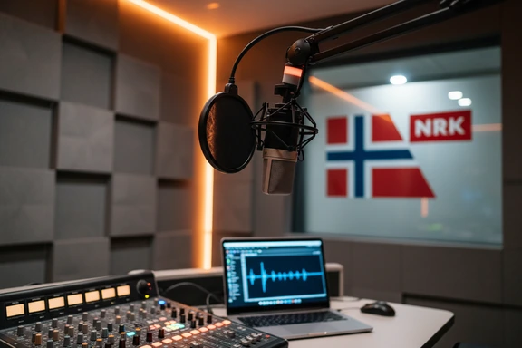 Profesjonelt norsk radio- eller podkast-studio med mikrofon og miksepult