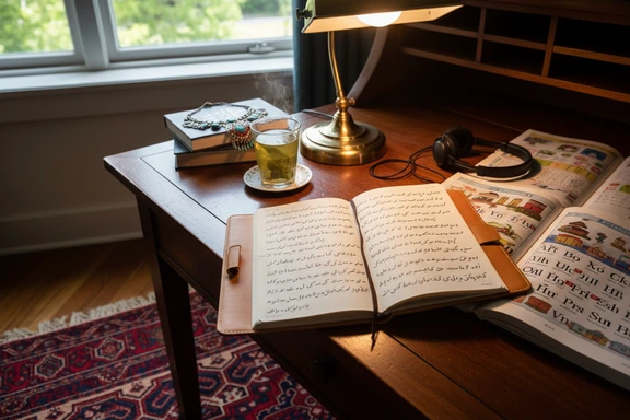 Student notebook with Pashto script practice, warm lamp and headphones