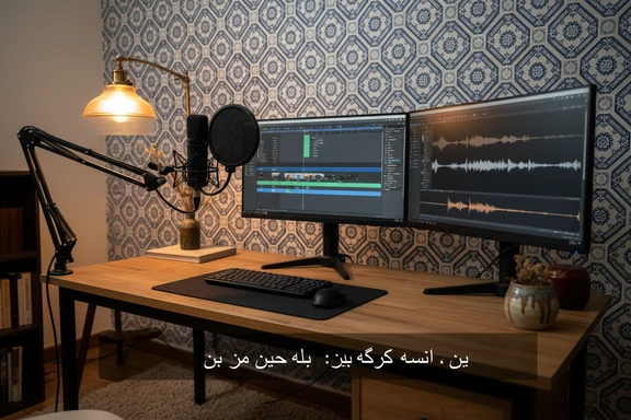 Home studio with microphone and video editing timeline featuring Pashto captions