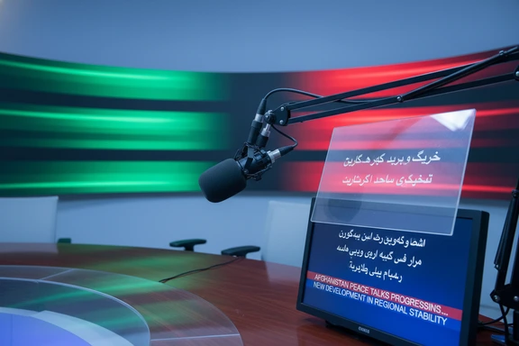 Broadcast desk with radio microphone, newsroom teleprompter and Pashto news ticker