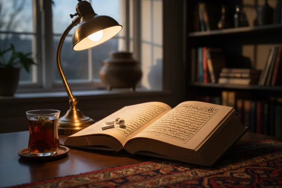 Open Pashto poetry book with earbuds and warm reading lamp on a wooden desk