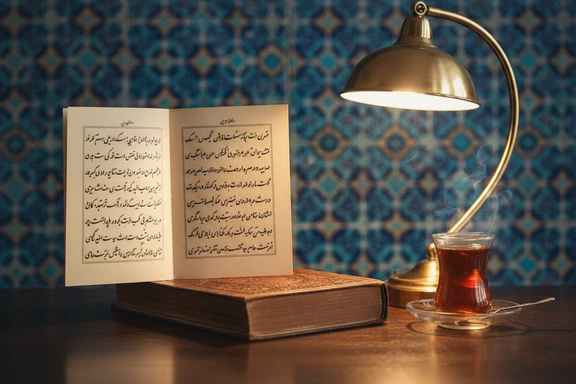 Livre de poésie persane avec lampe et thé