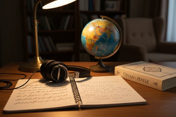 Exercice de prononciation persan avec casque et notes IPA