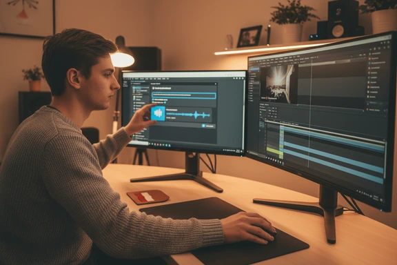 Home studio with video editing timeline and Polish voiceover waveform