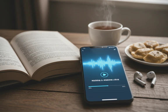 Open book with earbuds and warm reading lamp, cozy Polish reading scene