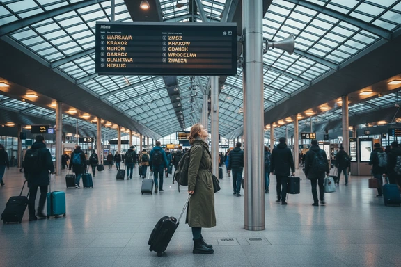 Train station concourse with PA speaker and Polish departures board