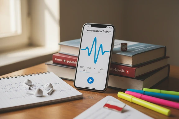Student desk with Polish phonetics notes and headphones