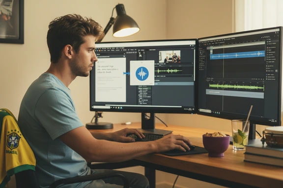Set de YouTuber brasileiro com Cristo Redentor ao fundo e forma de onda no monitor