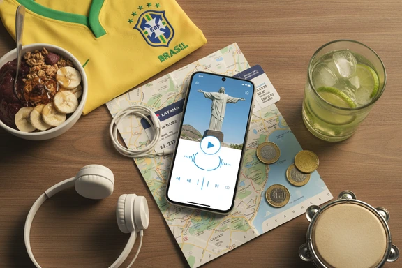 Cristo Redentor, Pão de Açúcar e Amazônia em colagem de áudio-guia turístico