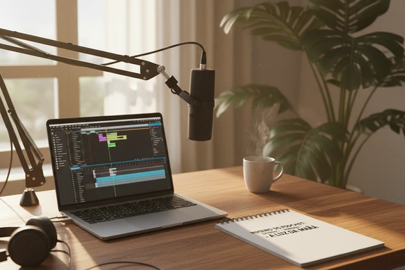 Heimstudio mit Podcast-Mikrofon und Skript auf Portugiesisch