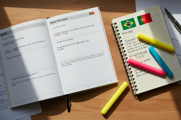 Lerntisch mit portugiesischem Sprachführer und Notizbuch