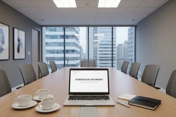 Sala de reunião com slide em português e canecas de café