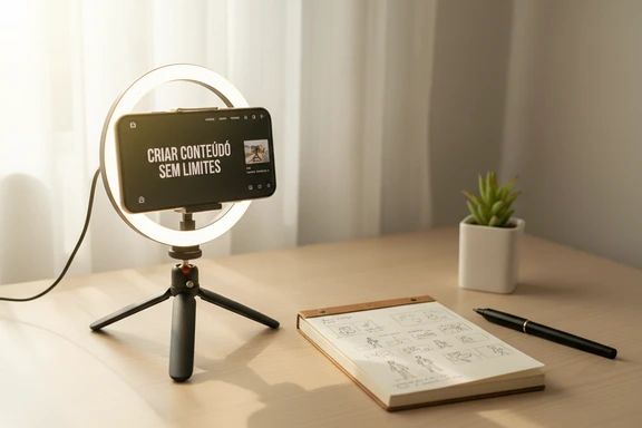 Smartphone num tripé com luz de anel a gravar reels