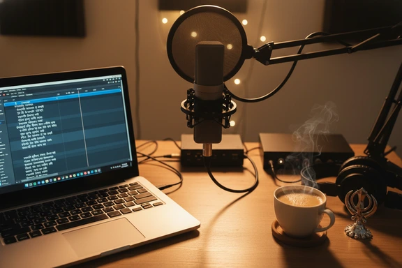 Home studio with Punjabi Gurmukhi script on monitor and microphone