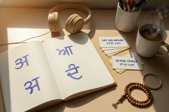 Study desk with Punjabi Gurmukhi alphabet flashcards and headphones