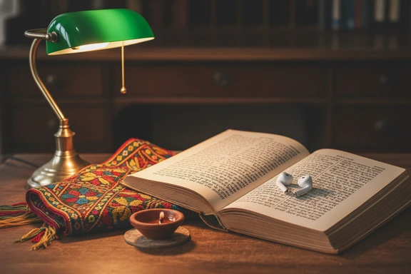 Open book with Punjabi Gurmukhi text and wireless earbuds on wooden table