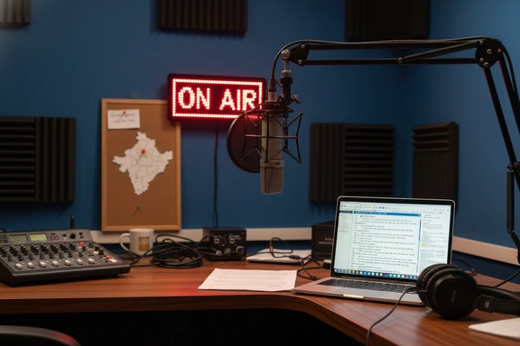 Community radio microphone with on-air sign and Punjabi text on screen