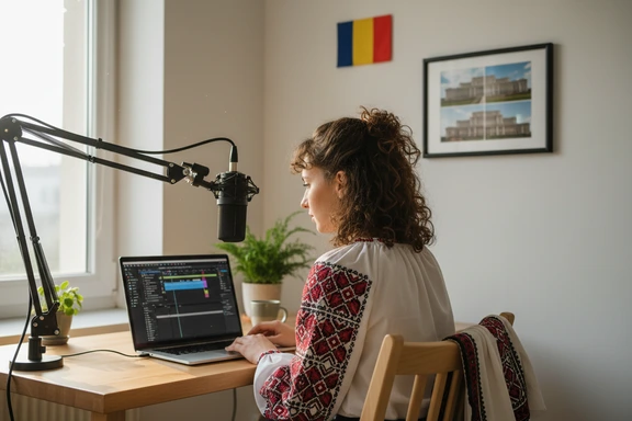 Young Romanian content creator recording a voiceover in a minimal Bucharest home studio with condenser microphone and laptop video timeline
