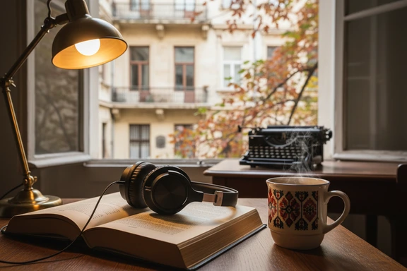 Open Romanian hardcover novel with headphones on a wooden table beside a steaming cup of coffee in warm evening lamp light