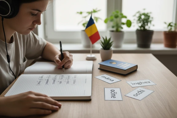 Language student practicing Romanian pronunciation with headphones and an open notebook of phonetic notes
