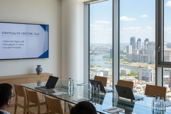 Modern Romanian corporate meeting room with a wall screen showing a clean business presentation in Romanian and minimalist furniture
