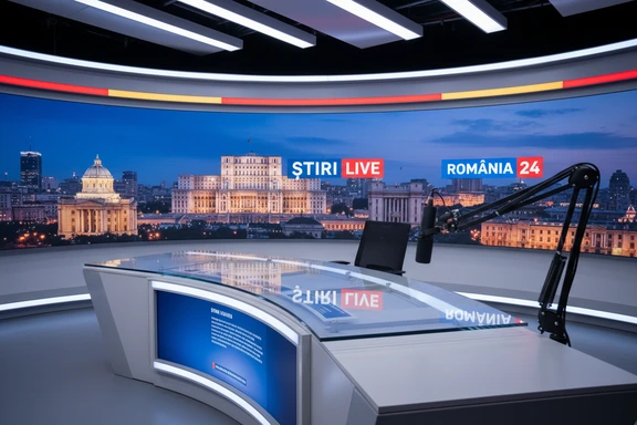 Studio modern de știri din Rom&acirc;nia cu masă de crainic, microfon și ecran cu grafică de jurnal