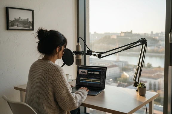 Serbian content creator at a home studio desk with a microphone recording a YouTube voiceover