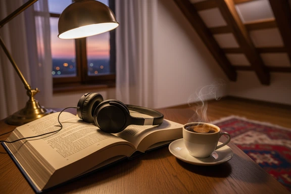 Open Serbian hardcover novel with over-ear headphones on a wooden table in warm lamp light